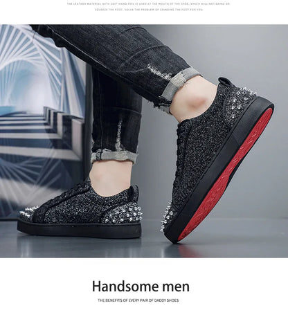 New Fashion Silver Trainers Glitter Spiky Shoes Men Lace Up Sneakers Low Top Shoes Red Sole Man Designer Sneaker With Spikes