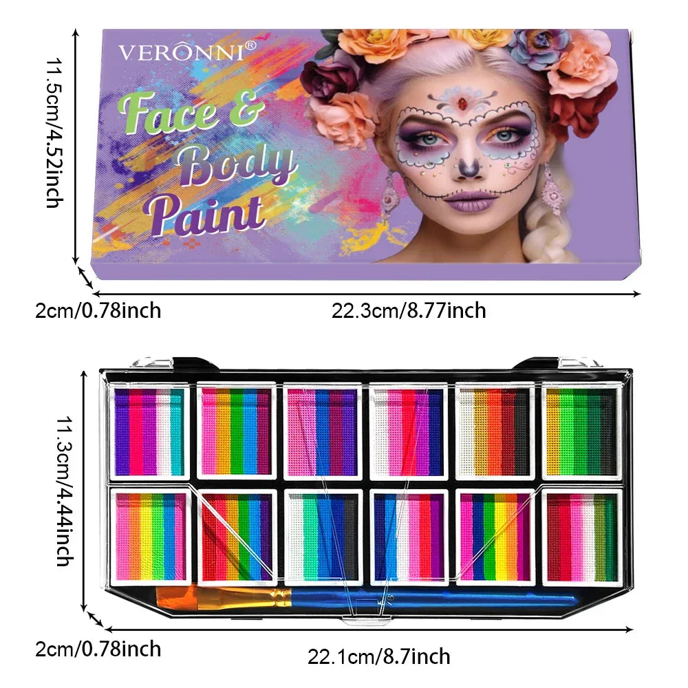 12 Grids Face Body Paint Palette Makeup,Rainbow Split Cake Palette,Water-based Non-Toxic Face Paint For Halloween Festivel Party
