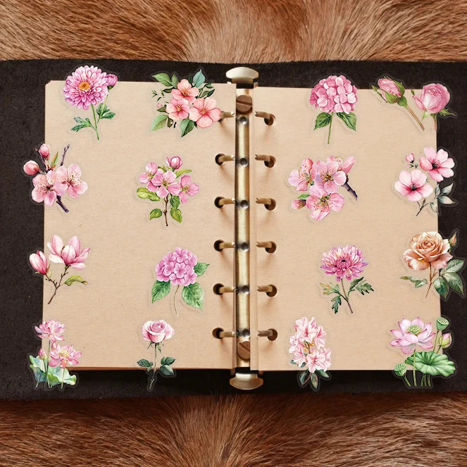 50pcs Pink Floral Stickers Flower Natural Journaling Notebook Water Bottle Decorative Decals Aesthetic Waterproof PET Sticker