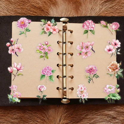 50pcs Pink Floral Stickers Flower Natural Journaling Notebook Water Bottle Decorative Decals Aesthetic Waterproof PET Sticker