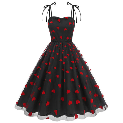 Knot Strap Strawberry Patchwork Vintage Dress 2025 Heart Flocking Valentine's Day Dress Women Birthday Party Pleated Mesh Dress