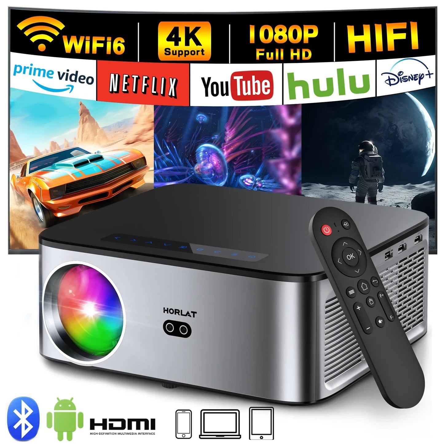 HORLAT 35000Lumenes 4K Android Projector 8K Decode Video Audio Home Theater AutoFocus Keystone 5G WiFi Portable Proyector Beamer