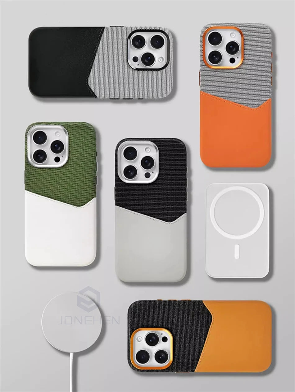 For Magsafe Card Holder Leather Case For iPhone 16 15 13 12 17 Pro Max 14 Plus Pocket Wireless Charge Alloy Lens Magnetic Cover