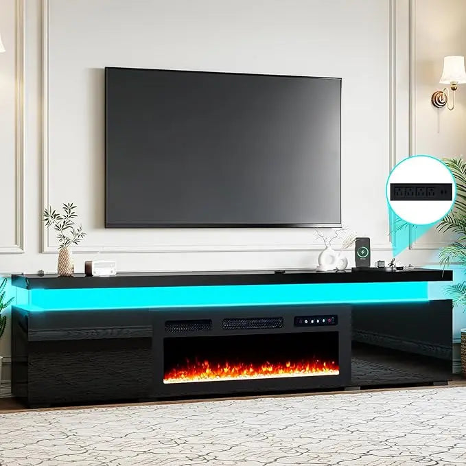 85’’ Fireplace TV Stand for 90 Inch TVs, Modern Entertainment Centers with LED Lights, High Gloss TV Console with 40’’ Electric