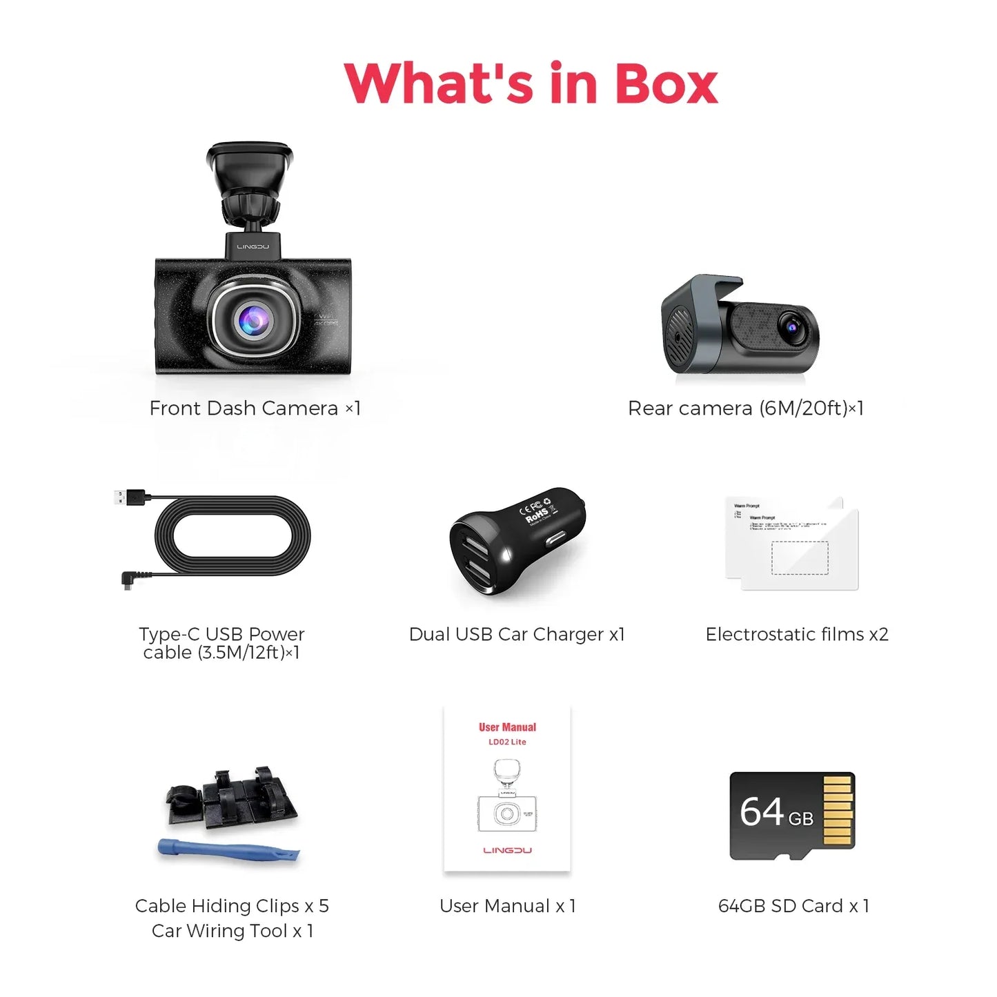 LINGDU LD02 Lite Dash Cam 3inch Screen 4K Front 1080P Rear Camera 5.8Gh WiFi GPS Voice Control 24H Parking Monitor Night Vision