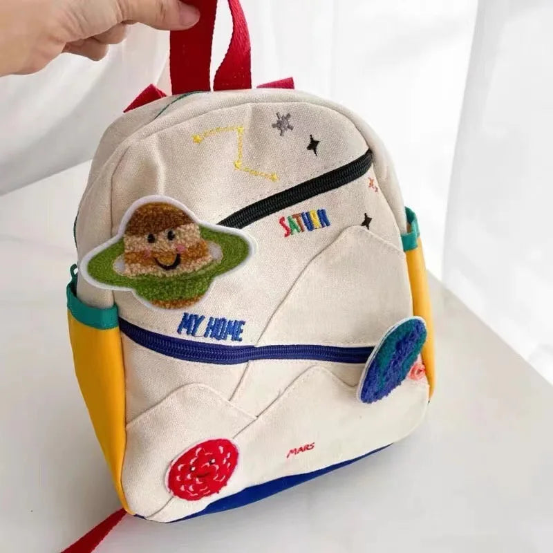New Embroidery Sun Long Neck Small Dinosaur Backpack Hook Hair Embroidered Cartoon Canvas Kindergarten Children Backpack