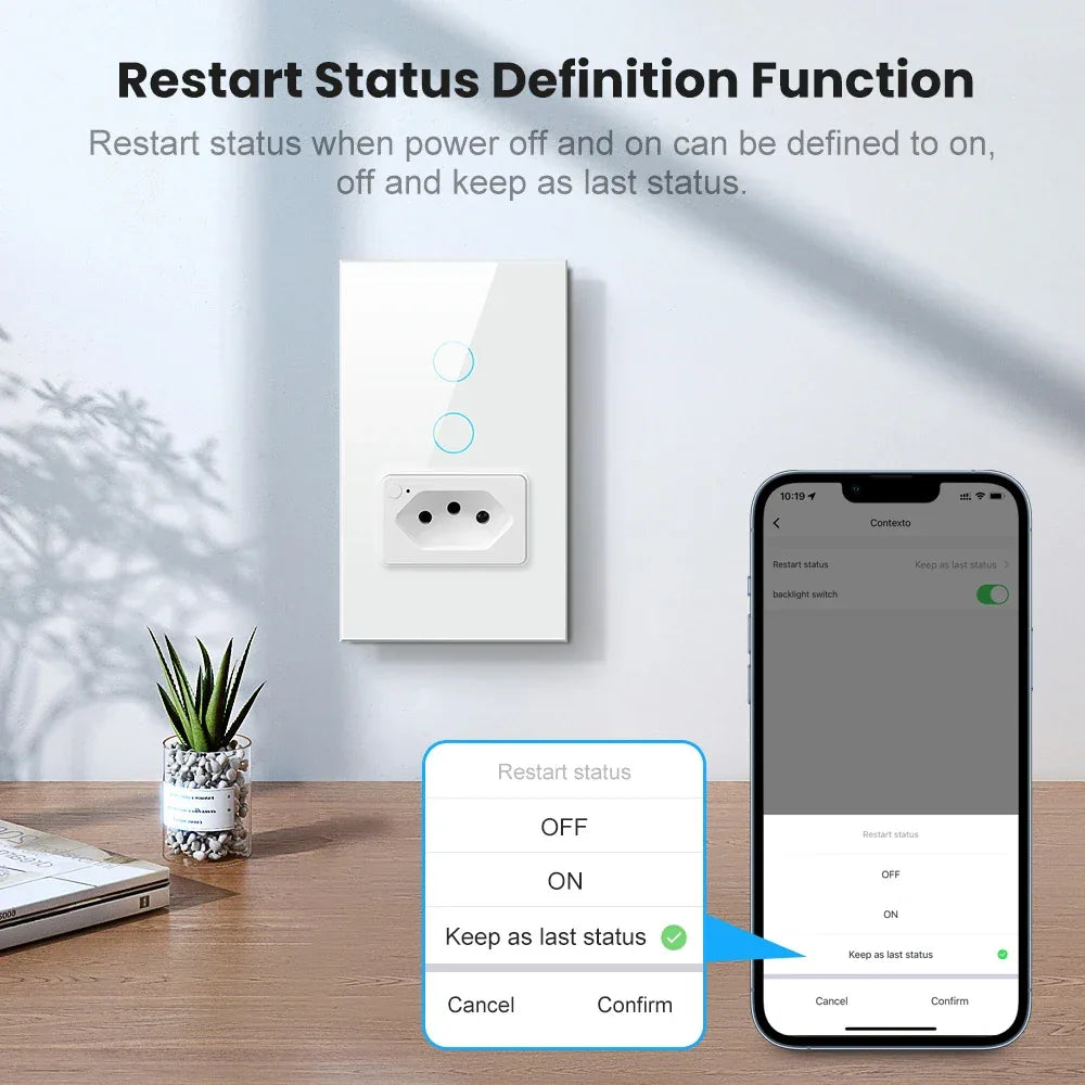 AVATTO Tuya WiFi Smart Light Switch with Socket,Brazil Stand 16A Touch Button Wall Switch,Work for Alexa Google Home