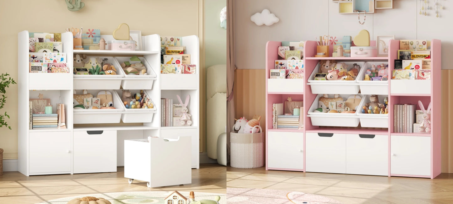 Getone Toy Storage Unit Children's Bookshelf Kid's Room Furniture Bookcase with 4 Boxing 2 boxing rolls 13 shelves 126x30x104cm