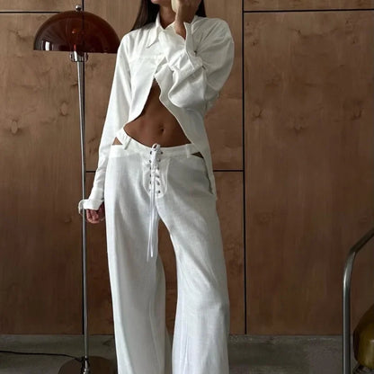 INS Loose Tracksuit Elegant Women Trousres Set Y2K Outfits Long Sleeve Irregular Blouse Top Lace Up Wide Leg Pants Two Piece Set
