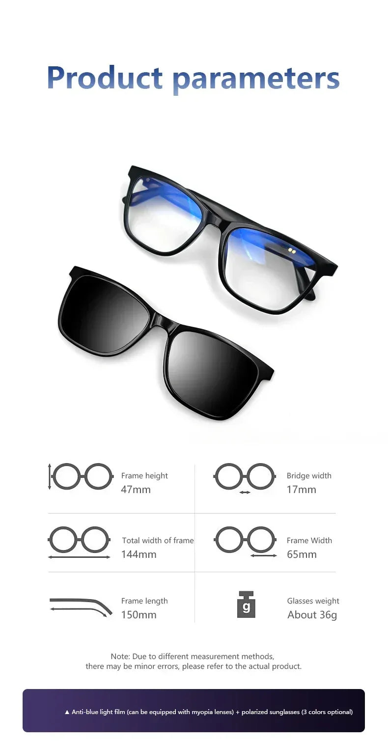 CLLOIO Bluetooth Smart Prescription Glasses Magnet Clip On Polarized Myopia Eyewear Anti Blue Light Progressive Reading Glasses