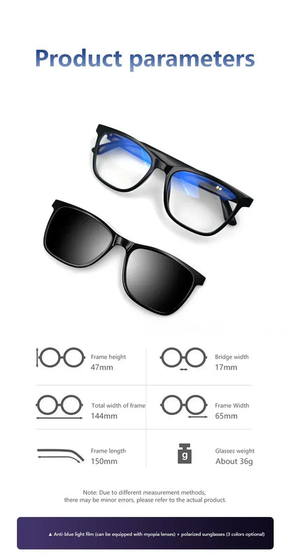 CLLOIO Bluetooth Smart Prescription Glasses Magnet Clip On Polarized Myopia Eyewear Anti Blue Light Progressive Reading Glasses