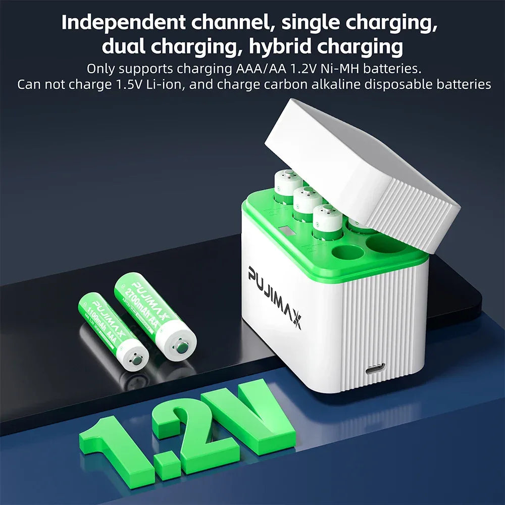 PUJIMAX 1.2V AA + AAA Ni-MH/Ni-Cd 8 Slots Combo Charging Compartment Smart Flip Top Charger Can Charge 4pcs AA+4pcs AA Batteries