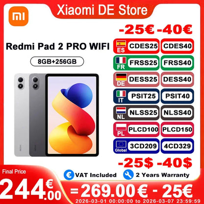 Global Version Xiaomi Redmi Pad 2 Pro Wifi 8 + 256GB 12.1 Inch 2.5K Crystal-clear Certified Eye-care Display Quad Speakers Massive 12000mAh (type) Battery Tablet PC