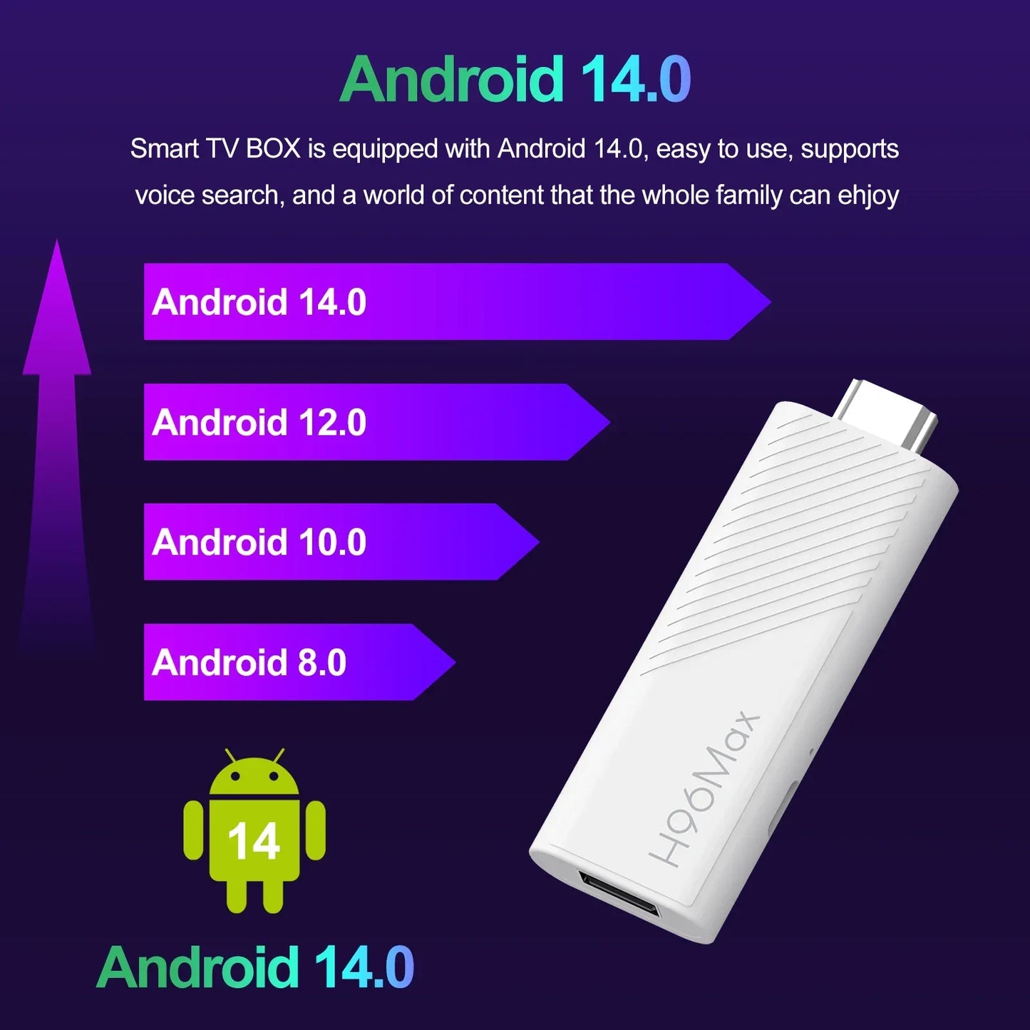 H96 MAX H313 mini TV Stick Android14 Quad Core Wifi6 BT5.0 4K@60fps ATV Launcher Google Voice Assistant Media Player AI TV Stick