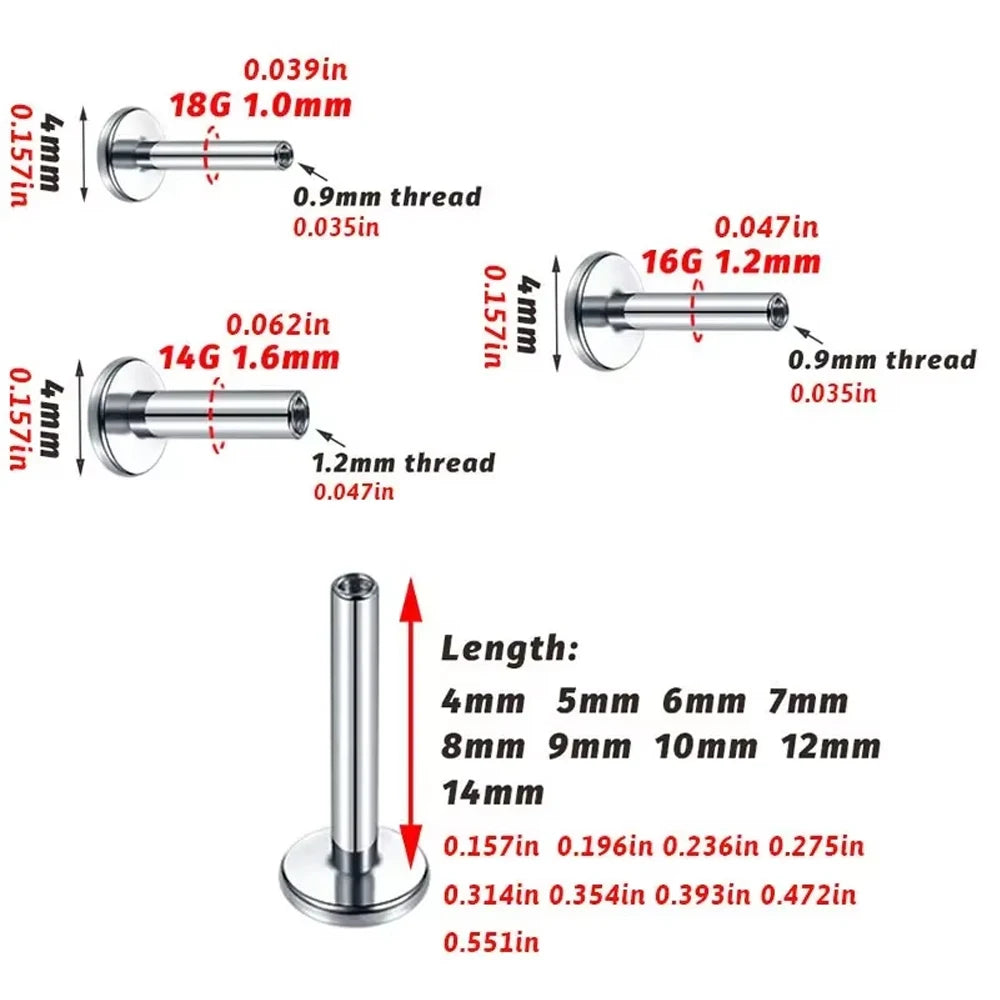 10PCS G23 ASTM F36 Titanium Labret 16G 18G Internal Thread Plug Septum Ear Lips Nose Piercing Tragus Body Jewelry Accessories