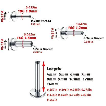 10PCS G23 ASTM F36 Titanium Labret 16G 18G Internal Thread Plug Septum Ear Lips Nose Piercing Tragus Body Jewelry Accessories