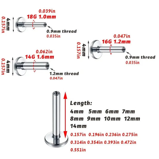 10PCS G23 ASTM F36 Titanium Labret 16G 18G Internal Thread Plug Septum Ear Lips Nose Piercing Tragus Body Jewelry Accessories by PDG ibma