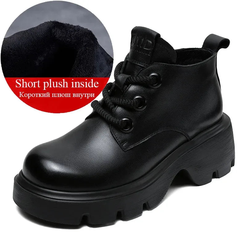 DRKANOL Luxury Design Genuine Leather Ankle Boots For Women Platform Casual Short Boots Women Winter Thick High Heel Warm Shoes