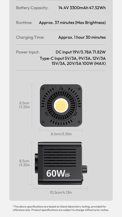 Ulanzi C60 60W COB Video Light Bi-Color Led Light 2500-6500K 3300mAh Mini Bowens Mount for Photography Studio Lighting Live Vlog