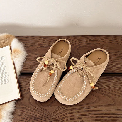 Baotou Slippers Spring New Round Head Deep Mouth Cow Suede Beaded Metal Buckle Soft Sole Anti-slip Wear-resistant Flat Shoes