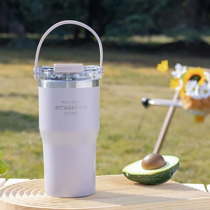 JUSTINLAU 600/900ml Insulated Cups Stainless Steel Double-drinking Thermos Cup with Handle& Straw Sports Bottle Car Ice Tumbler