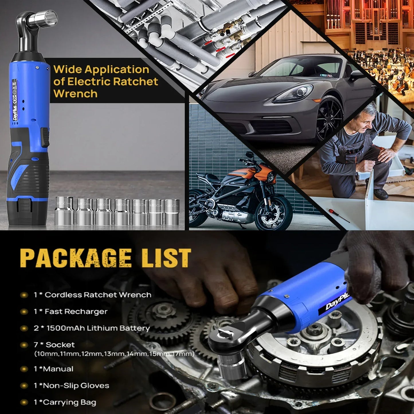 Electric Cordless Right Ratchet 3/8'' 90° Angle Wrench with LED Work Light +7pcs Sockets Set Power Ratchet Wrenches, 2 Battery
