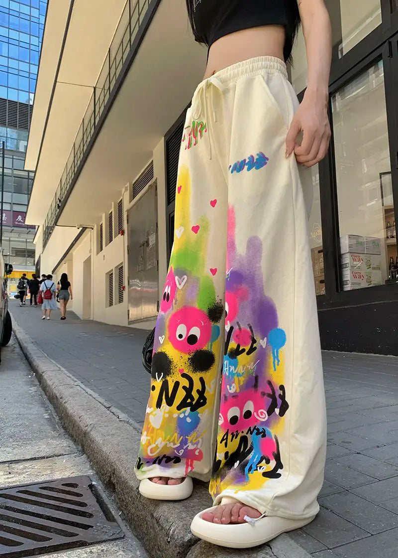 Kawaii Cute Dopamine Graffiti Casual Pants Women Tie Dye Summer Elastic High Waiste Drawstring Pockets Loose Wide Leg Trousers