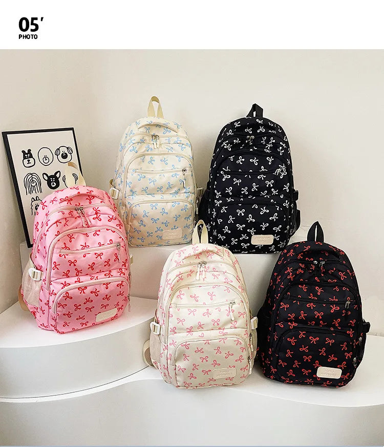 3 Pcs/Set Cute girl Large Capacity Backpack Bow Print Nylon Schoolbag Adjustable Strap Women daily Campus Backpack