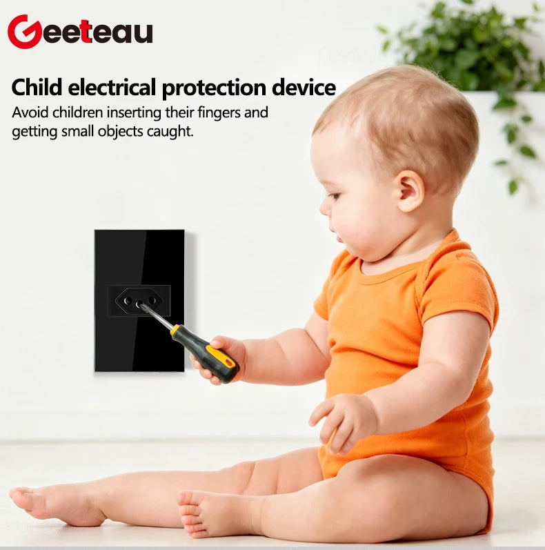 Geeteau Black White Glass Panel Single Brazil Wall Socket 10A Full paddle  Standard Home Safe Stable Household Power Plug