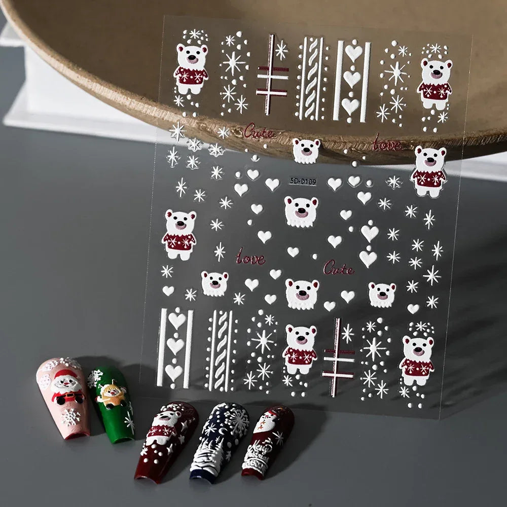 1pc Christmas Nail Art Stickers 5D Winter Holiday Themed Nail Decor Santa/Snowflakes/Christmas Trees/Gingerbread Nail Supplies *