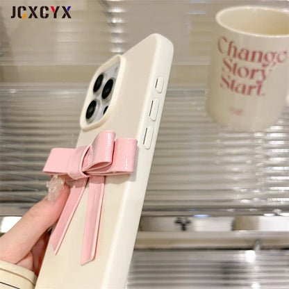 Korean Cute 3D Bowknot Lychee Leather Pattern TPU Phone Case For iphone 16 15 14 13 12 11 Pro Max 14 15 16 Plus Kawaii Cover