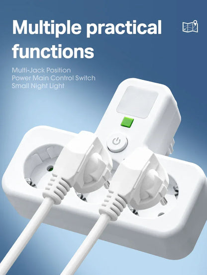 1pc EU power board, switch power plug, with independent night light switch, 3 AC sockets, suitable for home and office use
