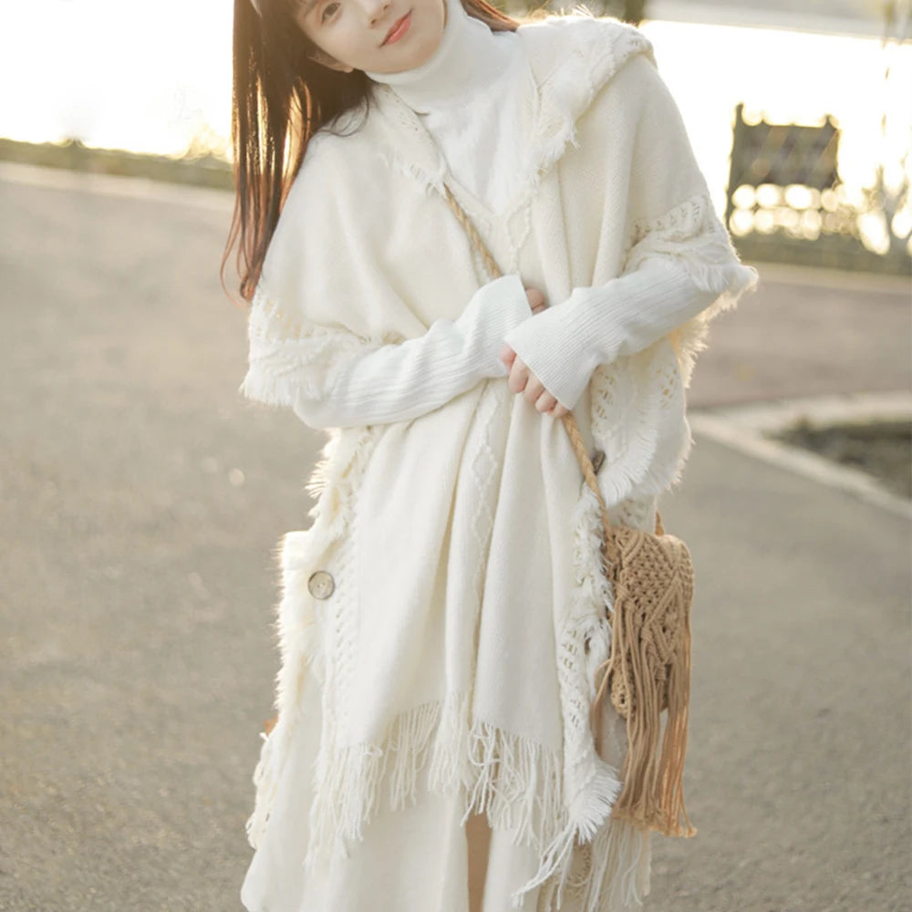 Cape, châle, manteau, poncho à capuche ethnique pour femme, pull à capuche, pompons, dropshipping