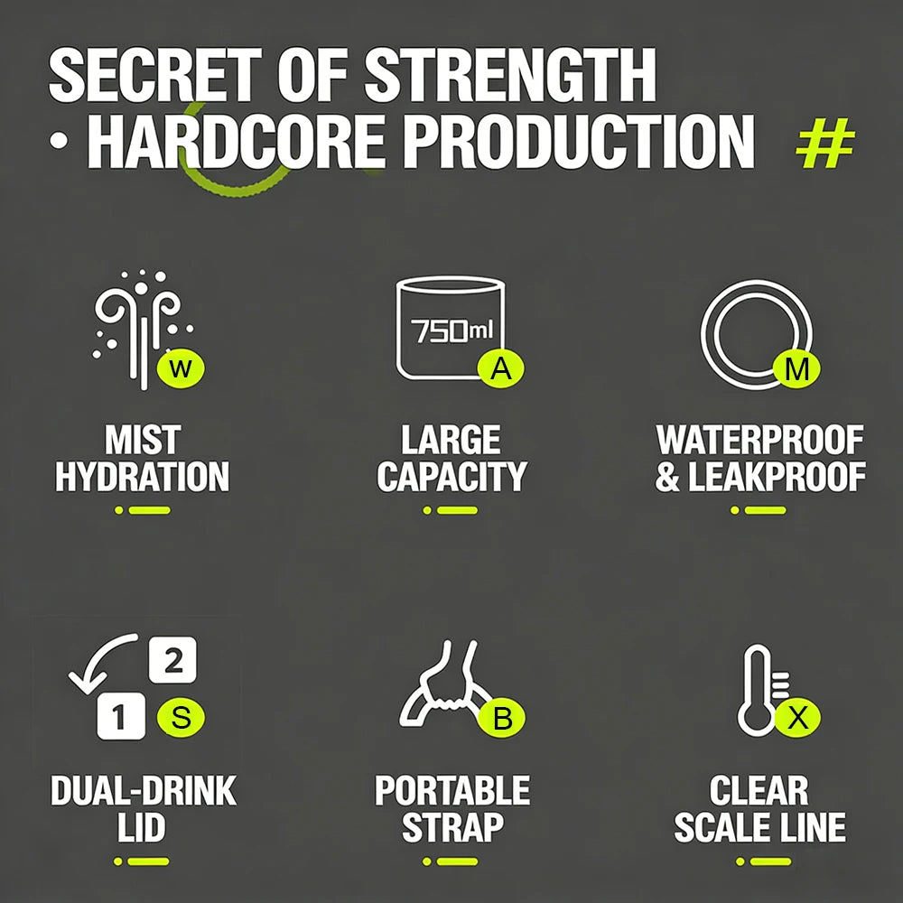 750ML Portable Mist Spray Water Bottle Double Drinking Sports Bottle Leakproof Gym Running Hiking Camping Outdoor Activity Gift