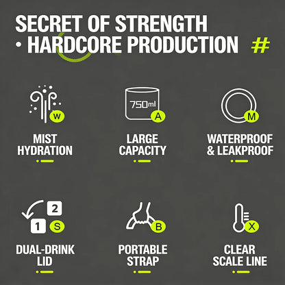 750ML Portable Mist Spray Water Bottle Double Drinking Sports Bottle Leakproof Gym Running Hiking Camping Outdoor Activity Gift