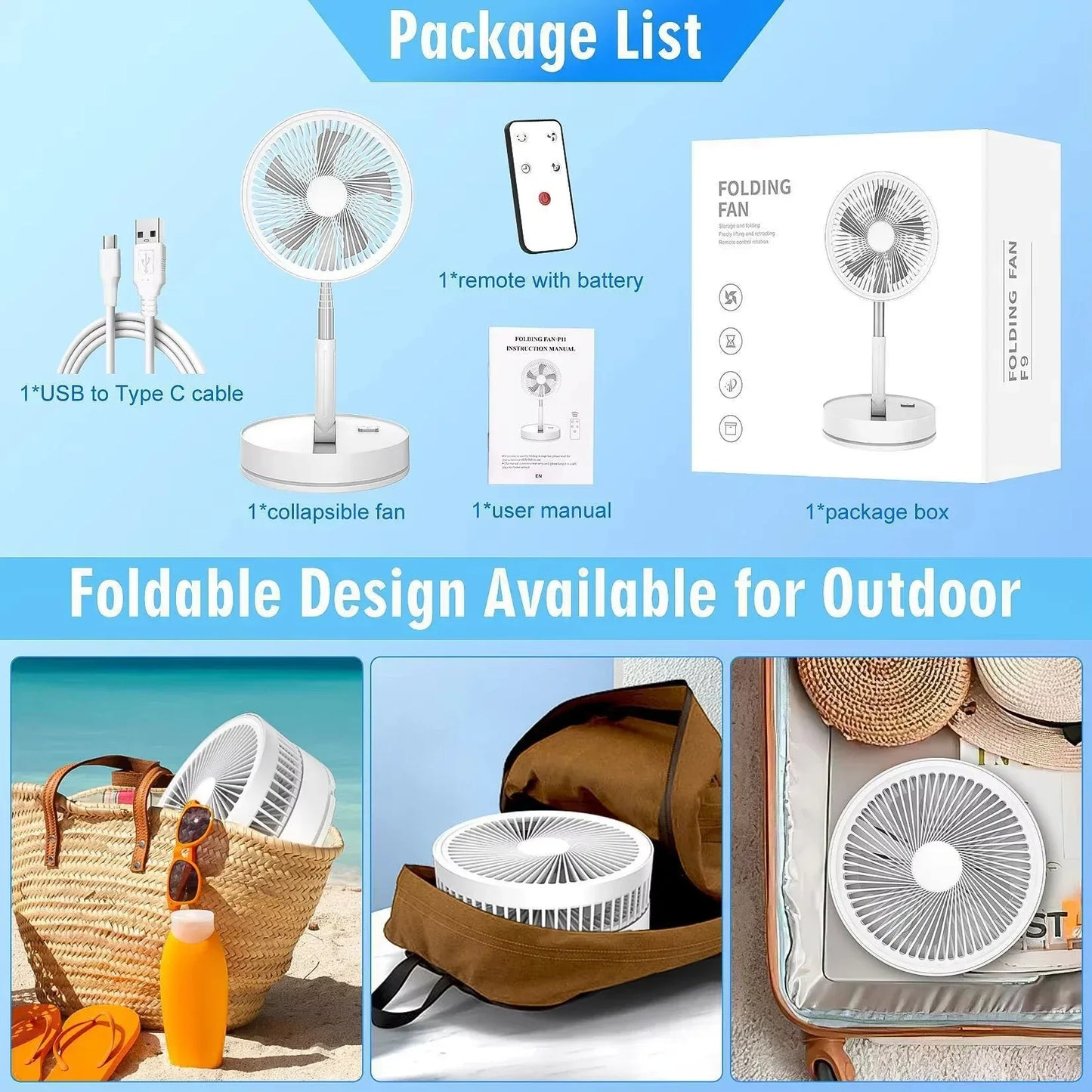 XIAOTREE Wireless Folding Desk Fan Telescopic Outdoor Travel Camping Floor Fan With 7200 mAh USB Rechargeable Fan Standing Fan