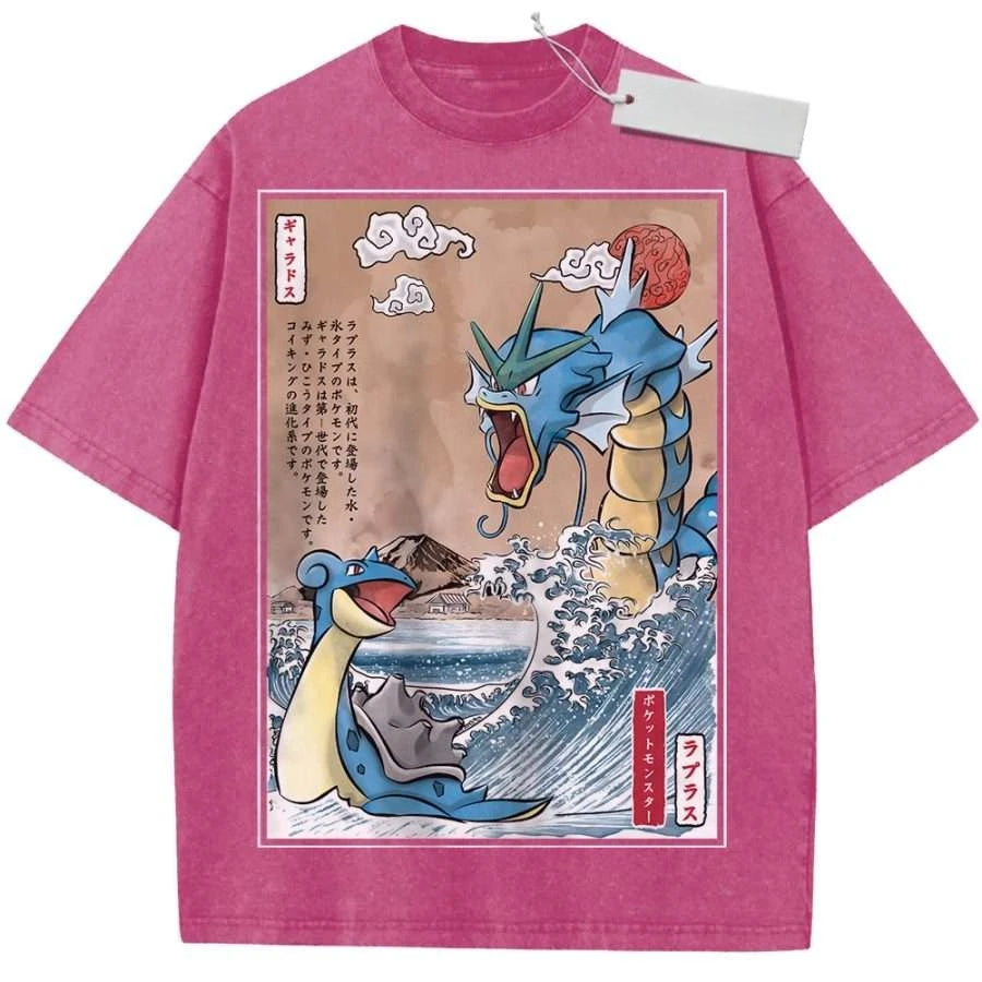 T Shirt Sports T Shirt Short Sleeve T Shirt Multi Color Unisex Pure Cotton Washed Retro Pokemon Gyarados and Lapras Print