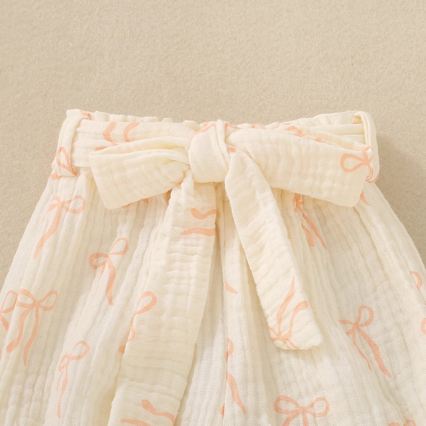 Summer unisex baby pink short-sleeved letter-print romper, shorts, bow hair accessory and belt – 4-piece set