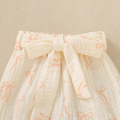Summer unisex baby pink short-sleeved letter-print romper, shorts, bow hair accessory and belt – 4-piece set