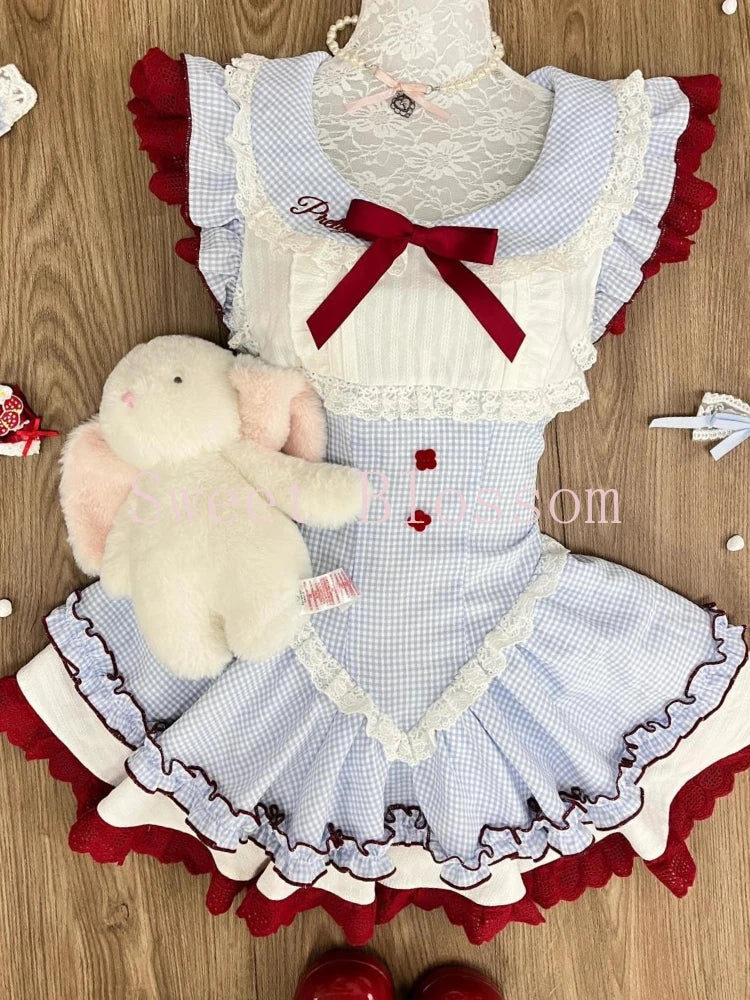 Japanese Sweet Plaid Lace Patchwork Dress Women New Design Slim Lovely Blue Summer Dresses Harajuku Kawaii Fashion Outfit 2025