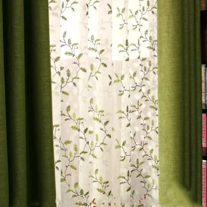 Pastoral Blackout Curtain Green Linen Fabric Window Screen Leaves Embroidered Curtain Tulle for Living Room Bedroom American