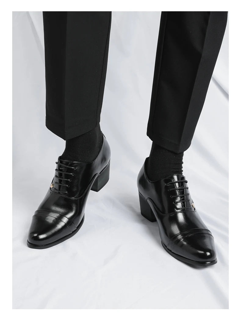 Premium Leather Men Shoes Slip On Loafers European Brand Business Casual Wedding Party Plaid Design Height Increasing
