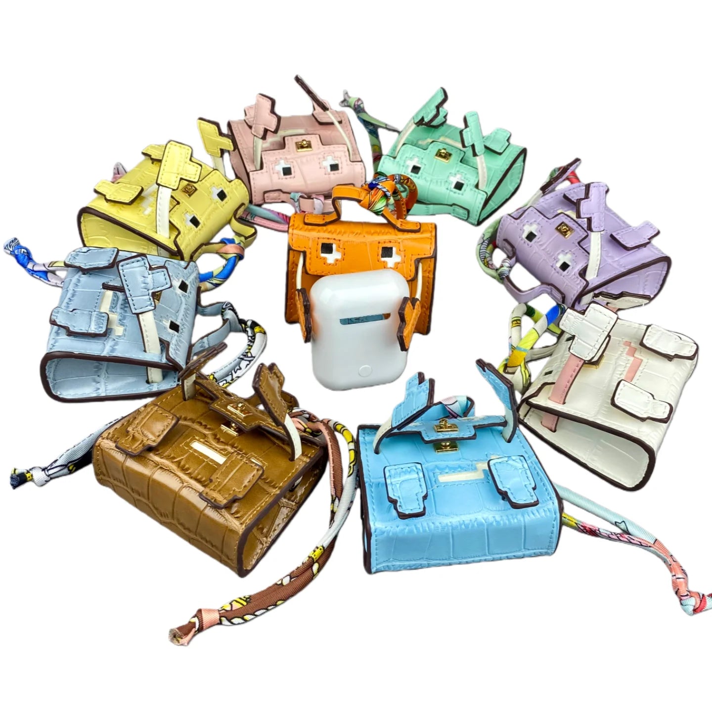 Mini Pixel Doll Bag Charm Adorable Croc-Etched PU Leather Keychain with Pouch for Earbuds & Coins Handcrafted Pastel Cutie Gift