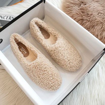 Big Size 43 Women Lambswool Slippers Winter Sheep Fur Shoes Ladies Flat Cotton Slides Home Pantuflas Daily Slip On Furry Mules