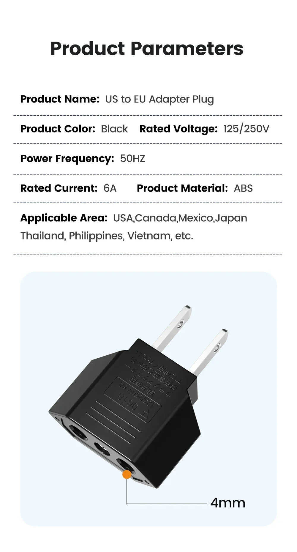 US Plug Adapter US to EU Plug Adapter European EU To US JP CN Power Adapter Electrical Plug Converter Sockets AC Charger Outlet