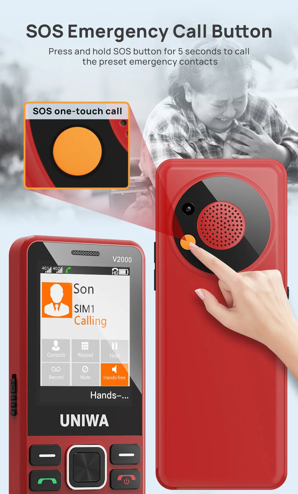 UNIWA V2000 Phone Big Push-Button Dual Screen 0.3MP Camera FM Radio Keyboard 1700mAh 4G Cellphone Support one click dialing