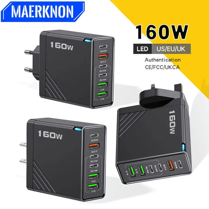 160W Fast Charge Phone Charger Adapter Multi Port USB Type C Charger For iPhone Samsung Xiaomi Huawei EU/US/UK Plug Wall Charger