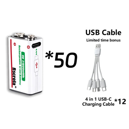 Rechargeable 9V Battery USB-C Charge,21800mWh Long-lasting 9V Li-Ion Battery with Free Cable,for Smoke Alarm,Camera,Clocks,Audio