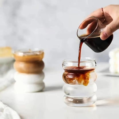 2 High Borosilicate Glass Coffee Cups 350ML/11.8oz with Straw and Brush, Vintage Ripple Design, Transparent Aesthetic Drinkware