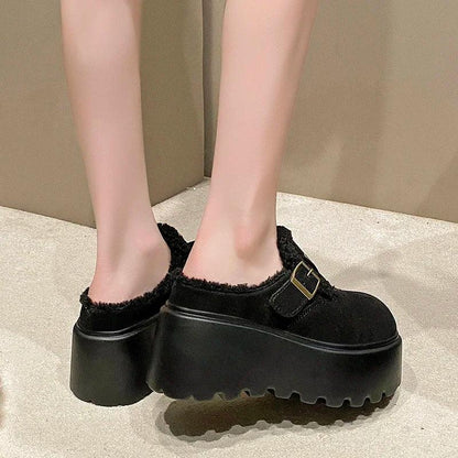 Platform High Heels Slippers Women Suede Mules Shoes Fur Warm Wedges Flip Flops 2025 Winter New Snow Boots Fashion Zapatos Mujer